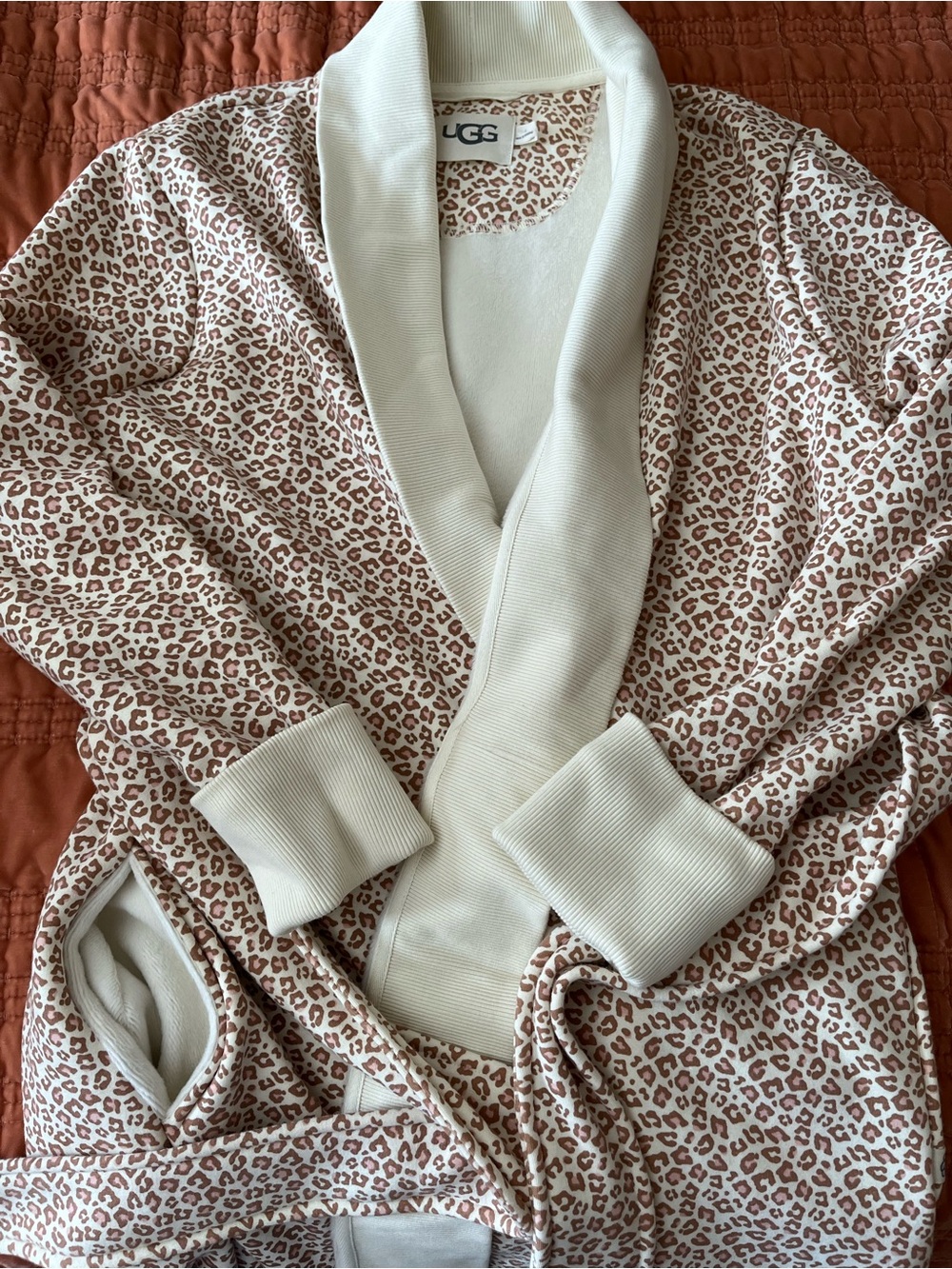 UGG Cream Shawl-Collar Robe with Tan Leopard Print